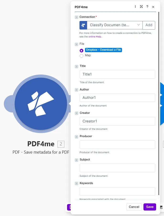 Criar PDF com PDF4me - Salvar metadados para um módulo PDF mostrando Conexão como Teste de Classificação de Documento, Arquivo definido como Dropbox - Baixar um Arquivo, Título definido como Título1, Autor como Autor1, Criador como Criador1, Produtor vazio, Assunto vazio e Palavras-chave vazias